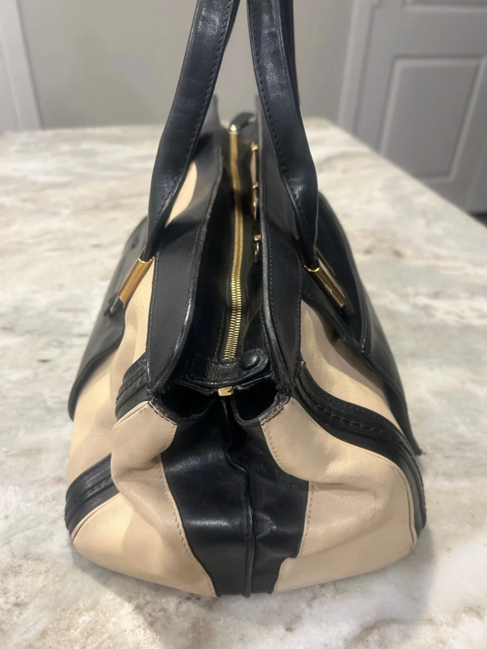 Chloe Black & Cream Leather Top-Handle Satchel - Picture 2 of 10